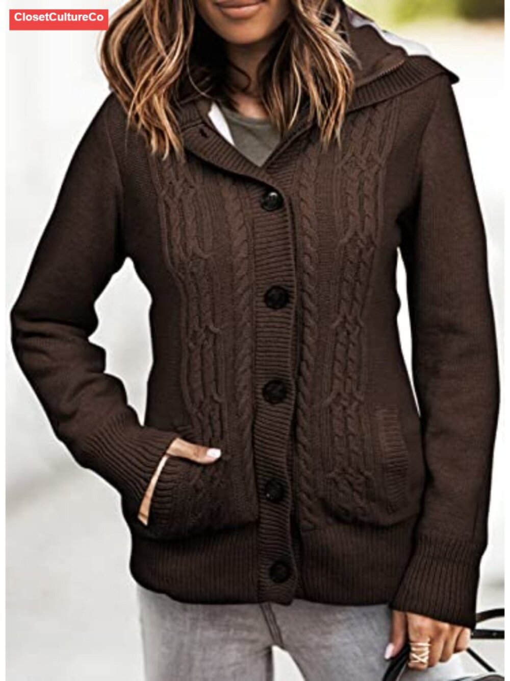 Hooded Fleece Lined Cardigan Sweater Zip Button Knit Winter Warm - Picture 2 of 6